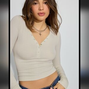 Women's Cream Long Sleeve Henley Top